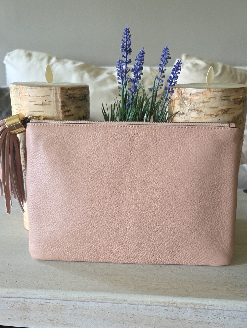 Soft Blush Leather Wristlet Clutch with Tassel Zipper